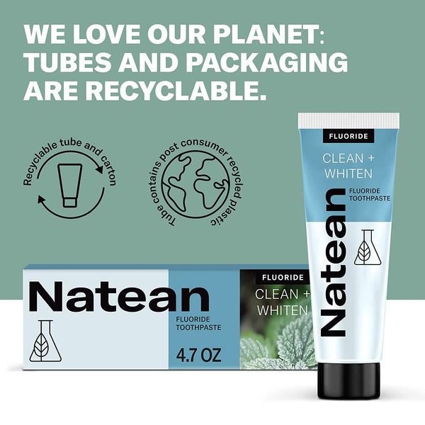 Natean Clean + Whiten Fluoride Toothpaste, Clean Mint - 4.7 Oz Tube/Expires 02/2024