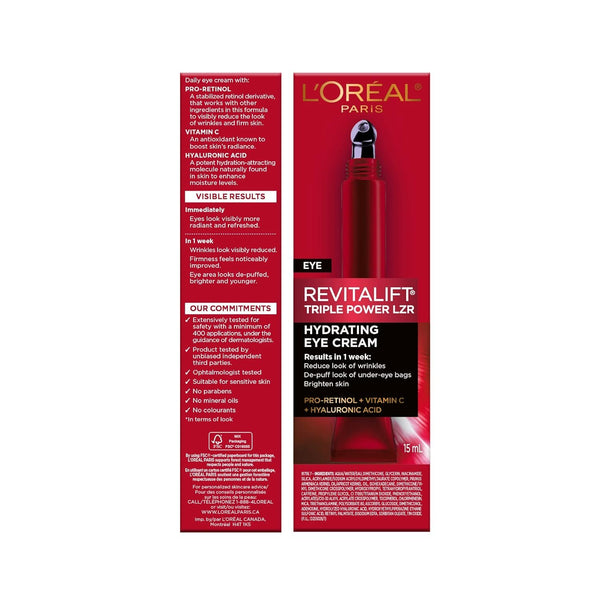 L'Oreal Paris Revitalift Triple Power Anti-Aging Eye Cream, Pro Retinol, Hyaluronic Acid & Vitamin C, Reduce Wrinkles & Puffiness 0.5 fl. oz.