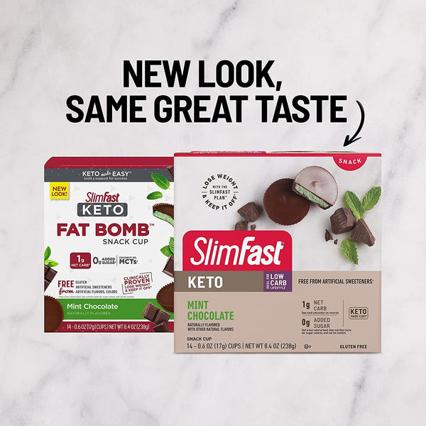 SlimFast Low Carb Chocolate Snacks, Keto Friendly for Weight Loss with 0g Added Sugar & 3g Fiber, Mint Chocolate Cup, 14 Count Box (Packaging May Vary)