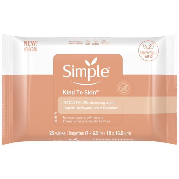 Simple Kind to Skin Instant Glow Facial Cleansing and Makeup Removal Wipes - 25ct