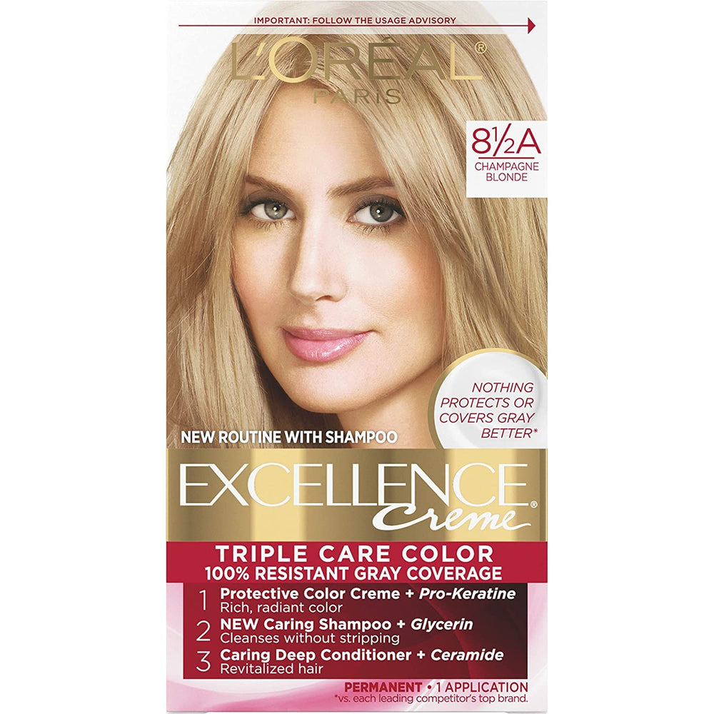 L'Oreal Paris Excellence Creme Permanent Triple Care Hair Color, 8.5A Champagne Blonde, Gray Coverage For Up to 8 Weeks, All Hair Types, Pack of 1